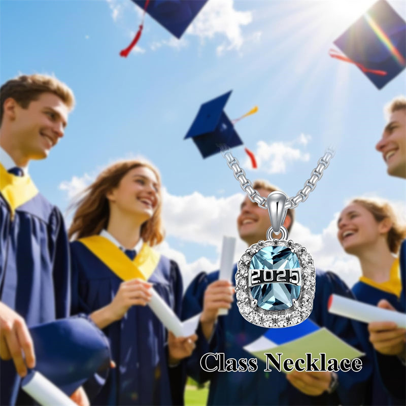 Sterling Silver Oval Personalized Text and Birthstone Class Pendant Necklace Graduation Jewelry