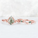Sterling Silver 10K 14K 18K Gold  Personalized  Engraved Natural Moss Agate Engagement Bridal Wedding Ring Set