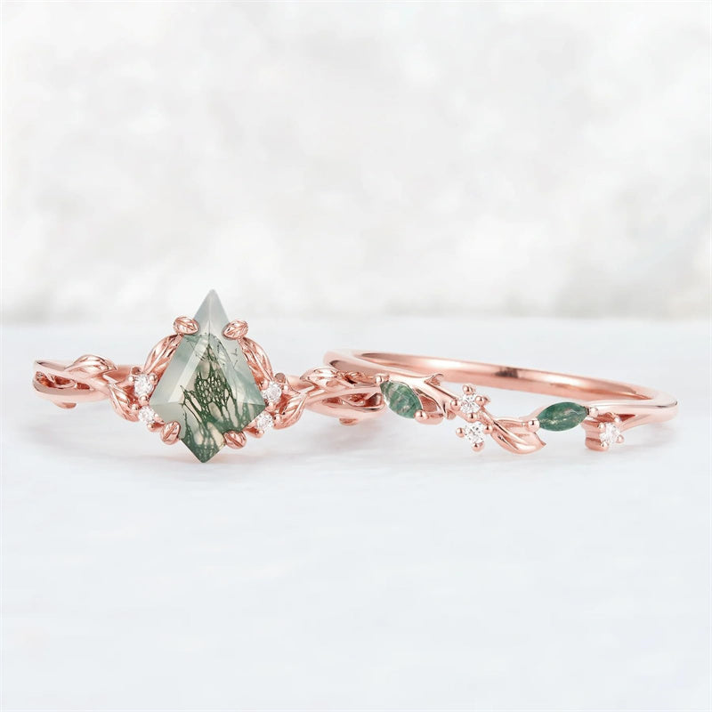 Sterling Silver 10K 14K 18K Gold  Personalized  Engraved Natural Moss Agate Engagement Bridal Wedding Ring Set