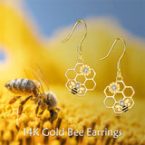 14k Yellow Gold Bee Earrings Honeycomb Bee & Sunflower Dangle Earrings