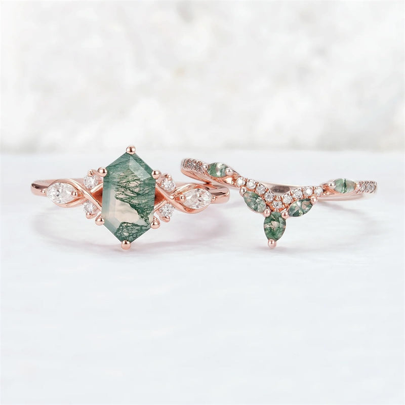 Sterling Silver 10K 14K 18K Gold  Personalized  Engraved Natural Moss Agate Engagement Bridal Wedding Ring Set