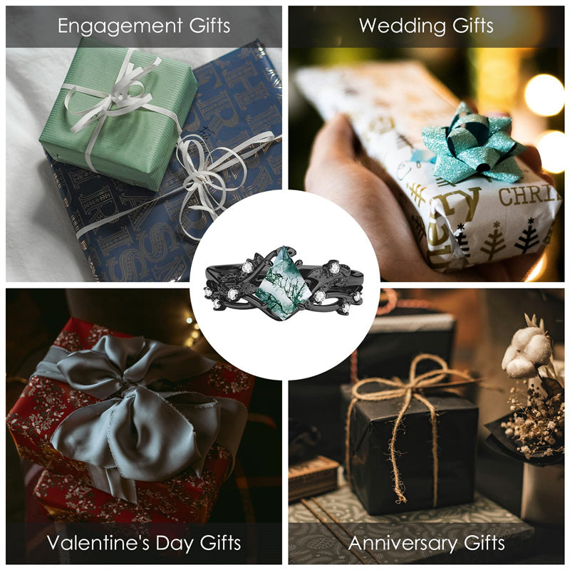 Sterling Silver Personalized Engraved Moss Agate Bridal Wedding Promise Engagement Ring Set for Women