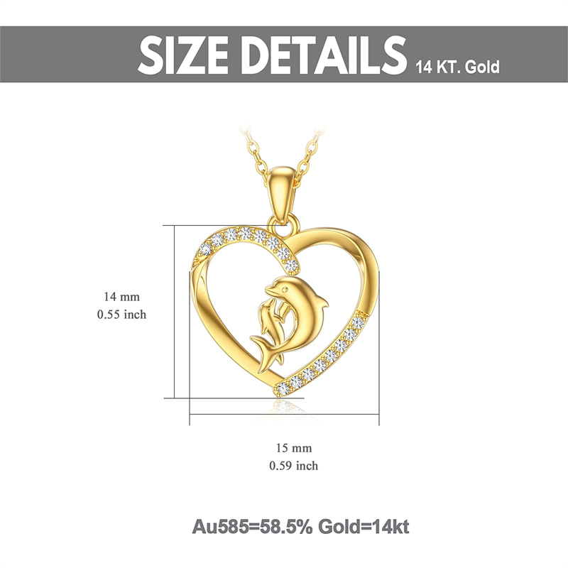 14k Solid Gold Dolphin & Mother Daughter Love Heart Pendant Necklace