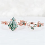 Sterling Silver 10K 14K 18K Gold  Personalized  Engraved Natural Moss Agate Engagement Bridal Wedding Ring Set