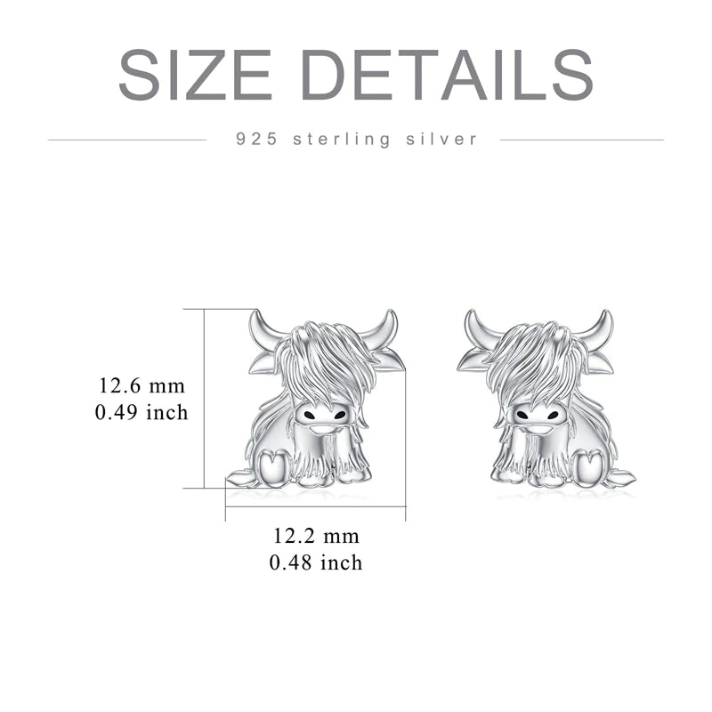 Sterling Sliver Highland Cow Stud  Dangle Earrings