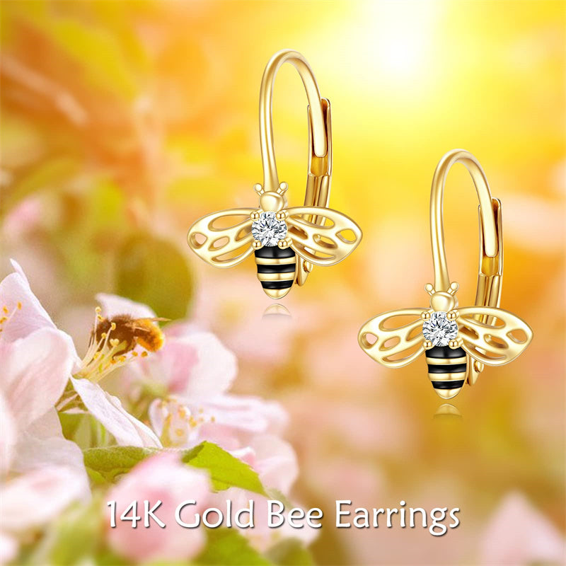 14K Yellow Gold Honey Bee Leverback Earrings