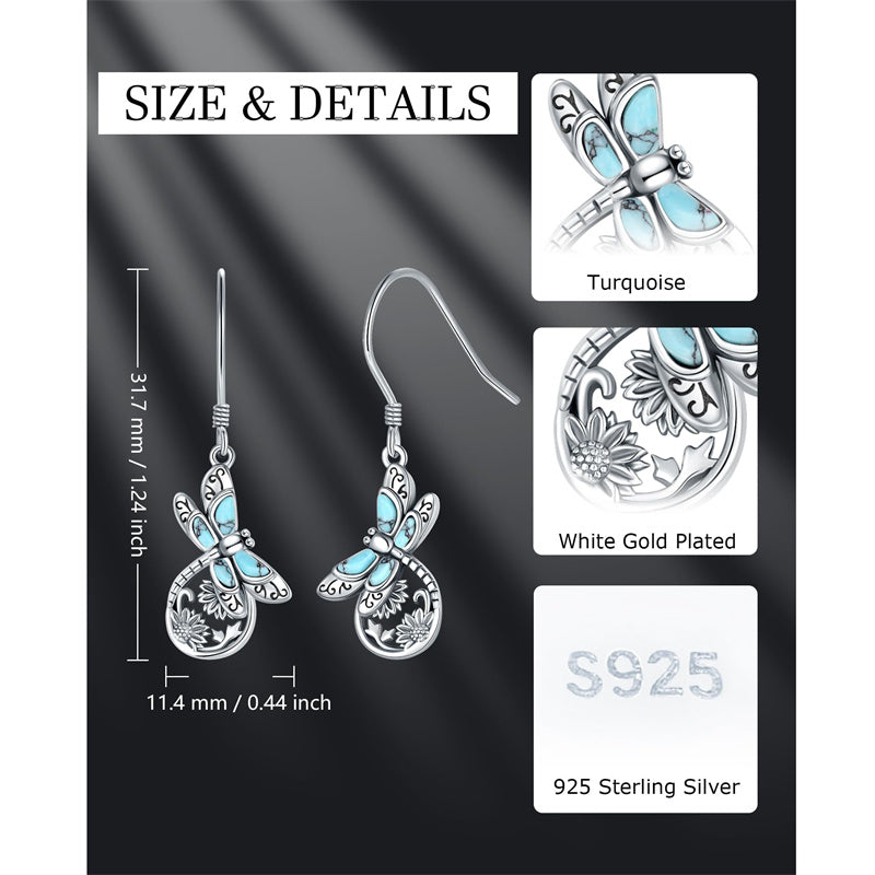 Sterling Silver Turquoise Dragonfly Spoon Ring and Dragonfly Sunflower Earrings