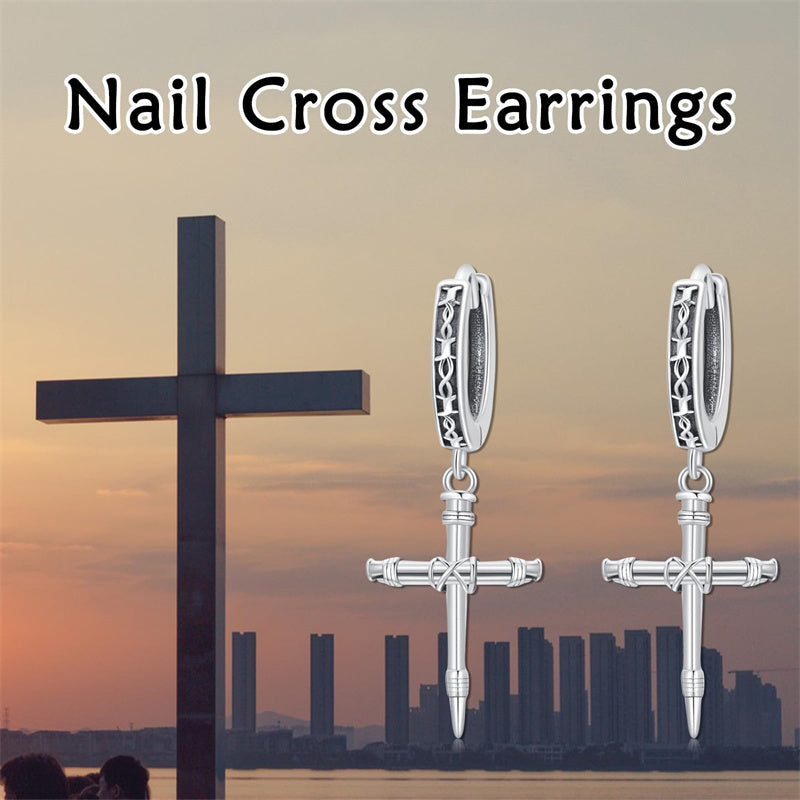 Sterling Silver Nail Cross Hoop Earrings
