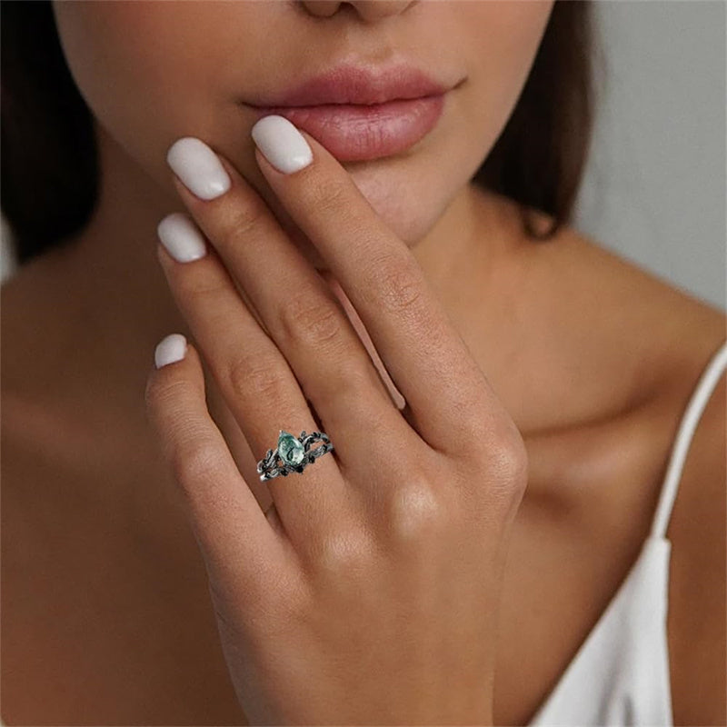 Sterling Silver Heart Moss Agate Set Engagement Wedding Ring