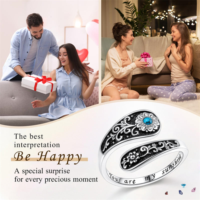 Sterling Silver Vintage Turquoise Sunflower Adjustable Spoon Ring Engraved with You Are My Sunshine