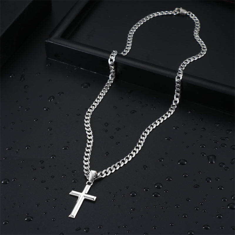 Sterling Silver Cross Pendant Necklace with 5mm Stainless Steel  Cuban Link Chain