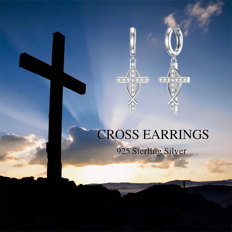 Sterling Silver Cross Sun Viking Wave Hoop Earrings for Men