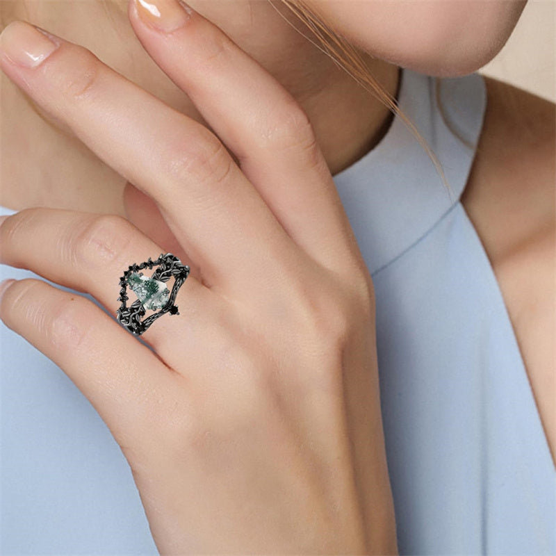 Sterling Silver Personalized Engraved Hexagon Moss Agate Engagement Black Ring Set Bridal Rings Set
