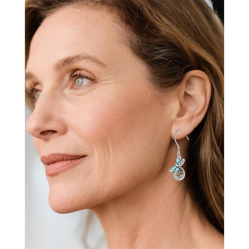 Sterling Silver Abalone Shell Dragonfly Spoon Ring and Dragonfly Sunflower Dangle Earrings