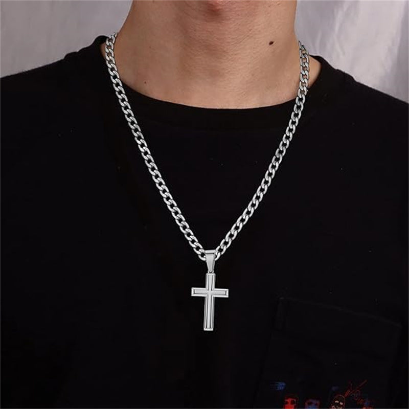 Sterling Silver Cross Pendant Necklace with 5mm Stainless Steel  Cuban Link Chain