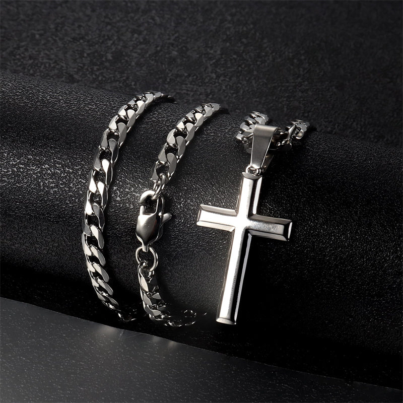 Sterling Silver Cross Pendant Necklace with 5mm Stainless Steel  Cuban Link Chain