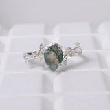 Sterling Silver 10K 14K 18K Gold 1CT Leaf Pear Shaped Natural Moss Agate Engagement Rings
