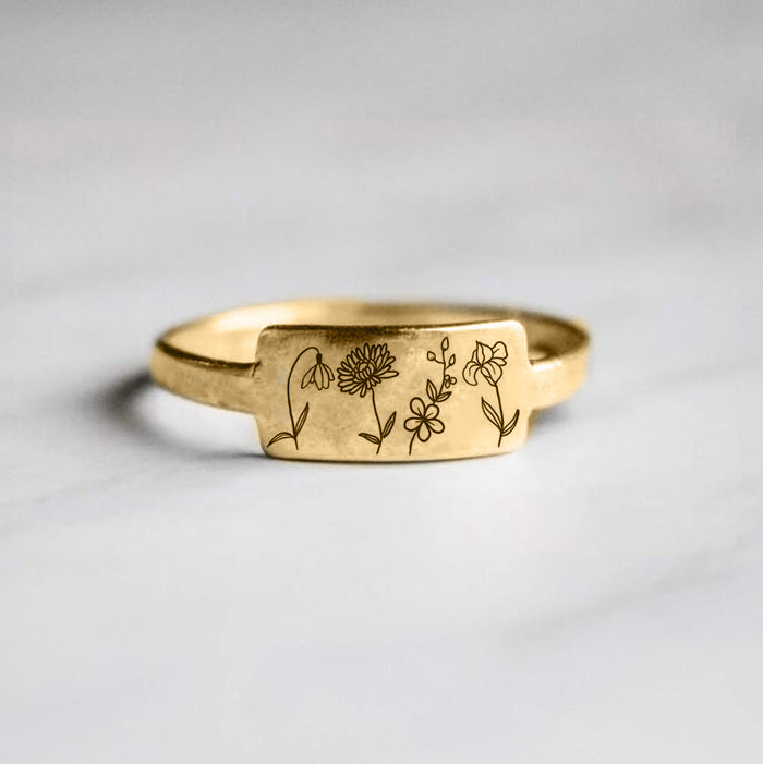 14K Gold Personalized Birth Flower Ring