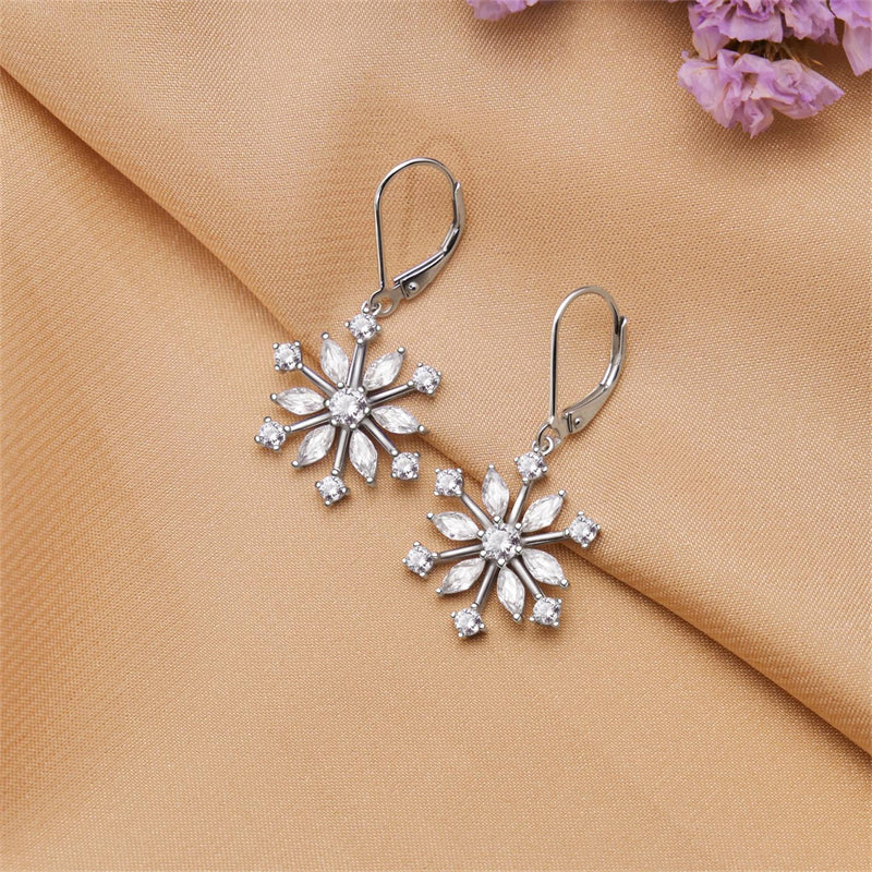 Sterling Silver CZ Snowflake Leverback Earrings