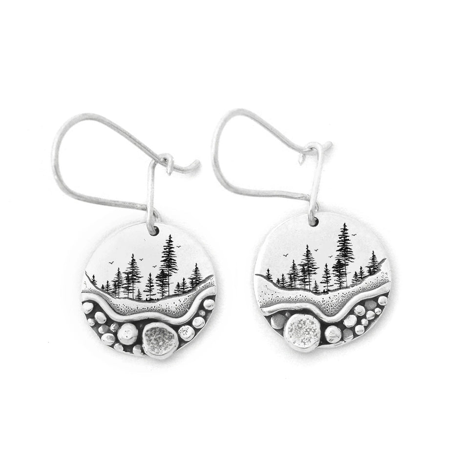 Sterling Silver Trail Mini Forest Pebble Wildflower Dangle Earrings