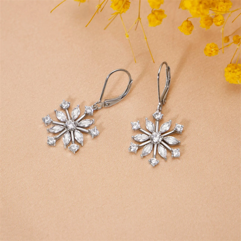 Sterling Silver CZ Snowflake Leverback Earrings