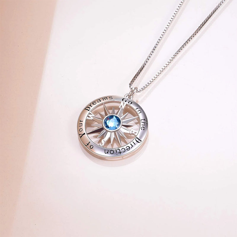 Sterling Silver Cubic Zirconia Compass Pendant Necklace With Engraved