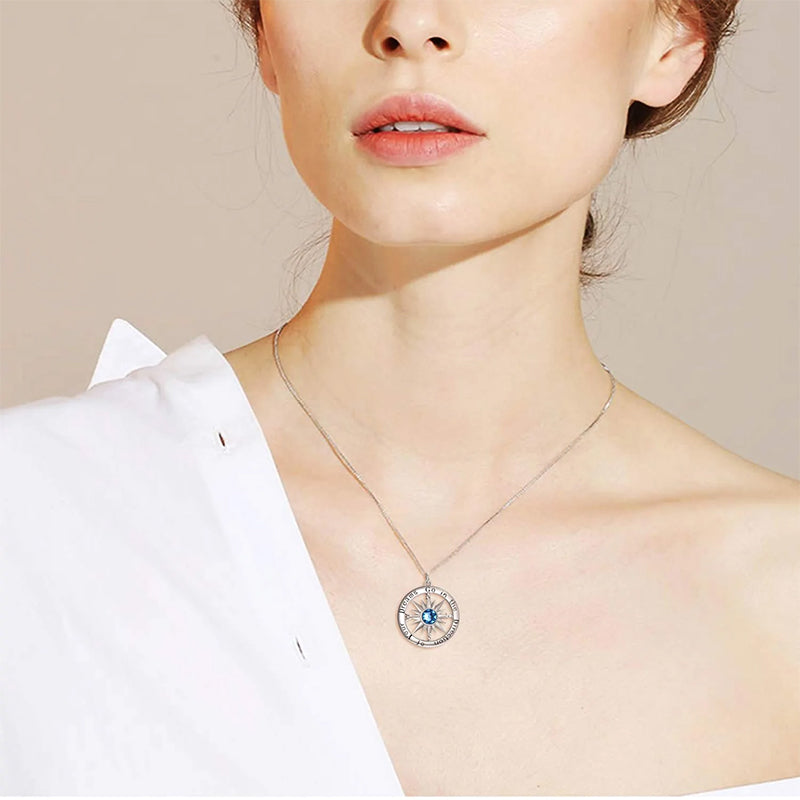 Sterling Silver Cubic Zirconia Compass Pendant Necklace With Engraved