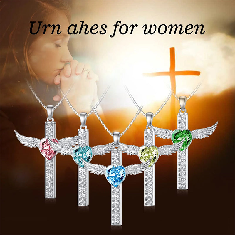 Sterling Silver Heart Birthstone Cross Urn Necklaces for Ashes