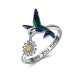 Sterling Silver Hummingbird & Daisy Flower Ring