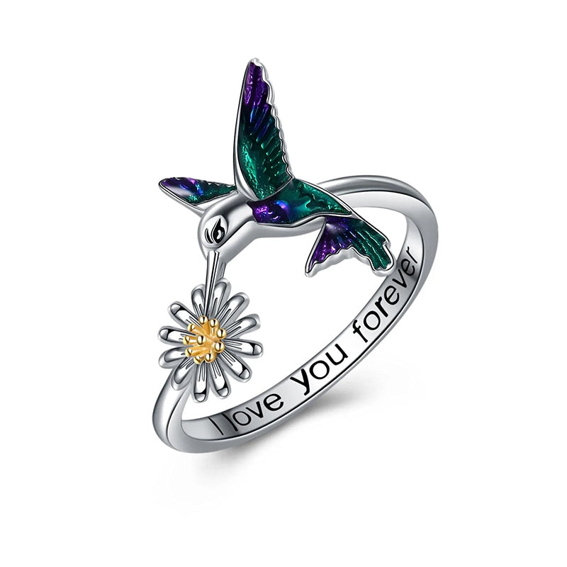 Sterling Silver Hummingbird & Daisy Flower Ring