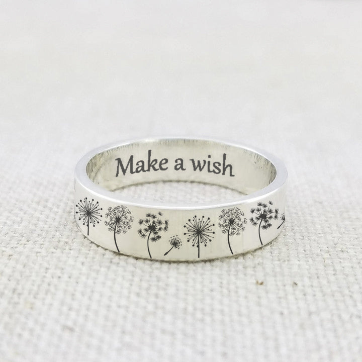 Sterling Silver Personalized Engraved Dandelion Nature Ring