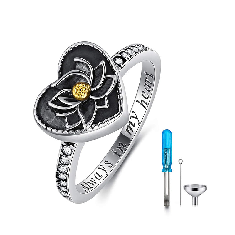 Sterling Silver Heart Lotus Flower Urn Ring for Ashes Engraved with Always in My Heart