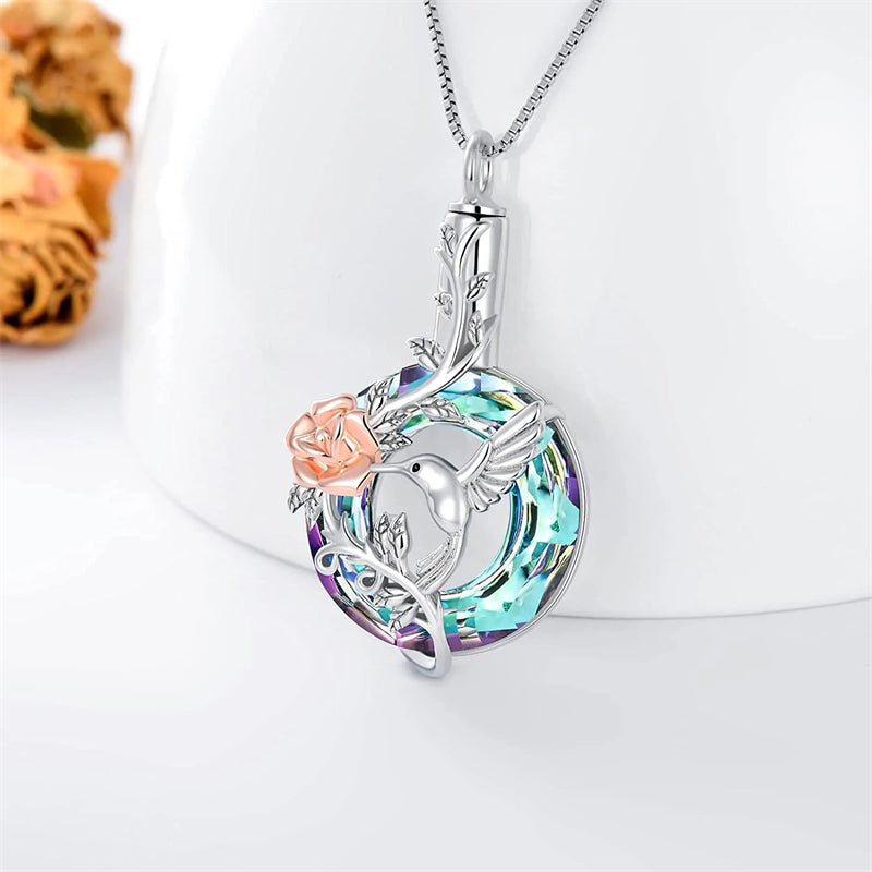 Sterling Silver Crystal Hummingbird Urn Necklace for Ashes