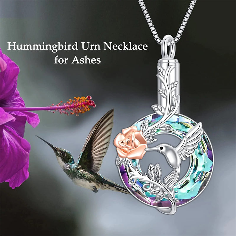 Sterling Silver Crystal Hummingbird Urn Necklace for Ashes