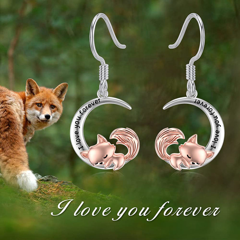 Sterling Silver Fox Moon Heart Dangle Earrings