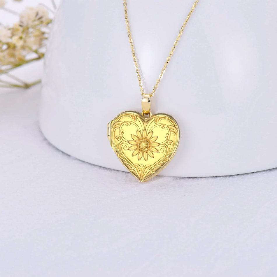 Sterling Silver Heart-shape Sunflower Photo Pendant Necklace