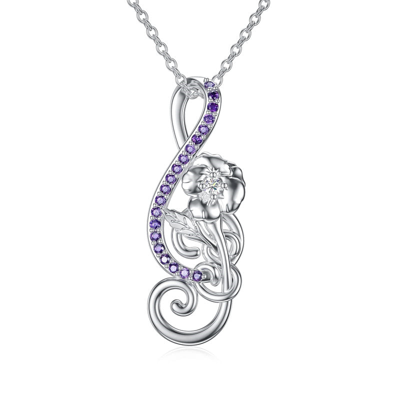 Sterling Silver Birthstone Music Note & Birth Flower Pendant Necklace