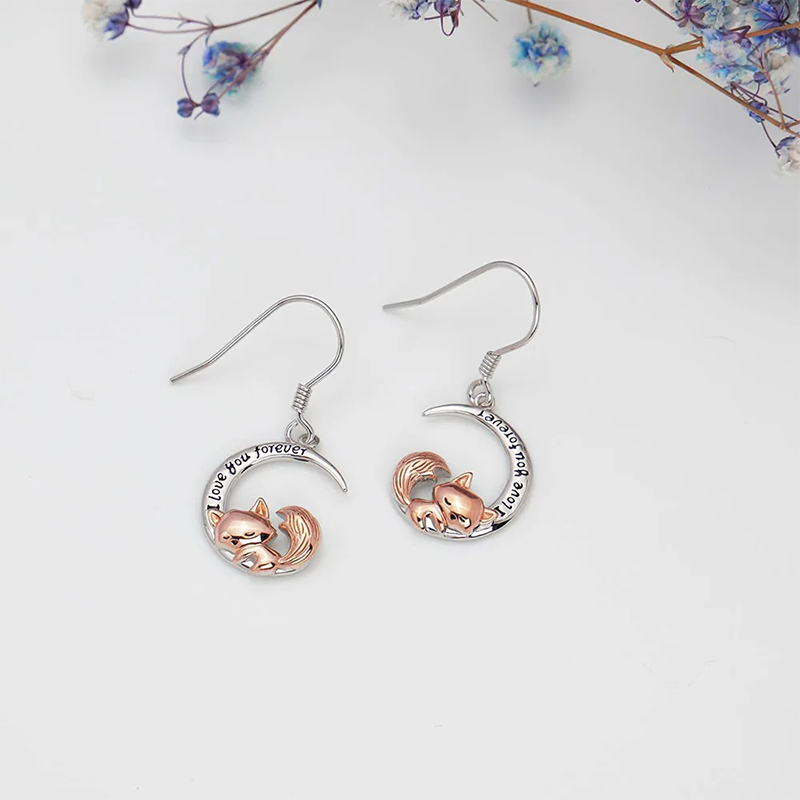 Sterling Silver Fox Moon Heart Dangle Earrings