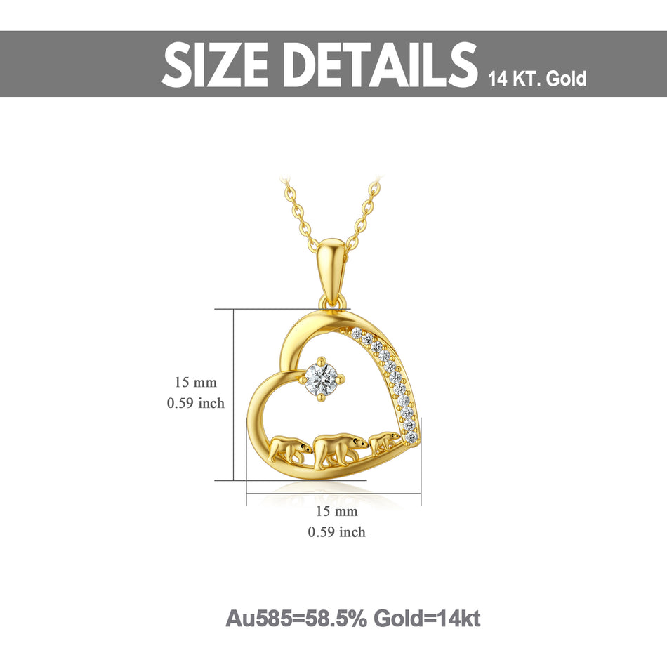 14k Solid Gold Moissanite Love Heart Mama Bear Pendant Necklace