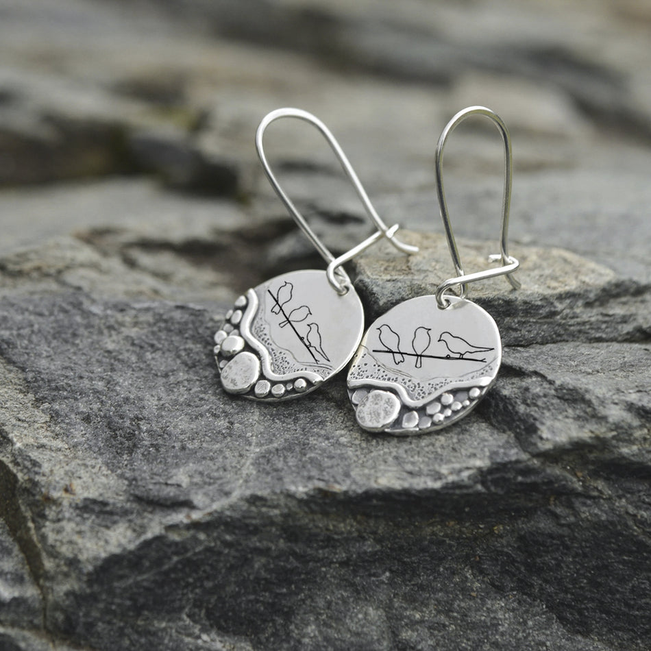 Sterling Silver Trail Mini Forest Pebble Wildflower Dangle Earrings
