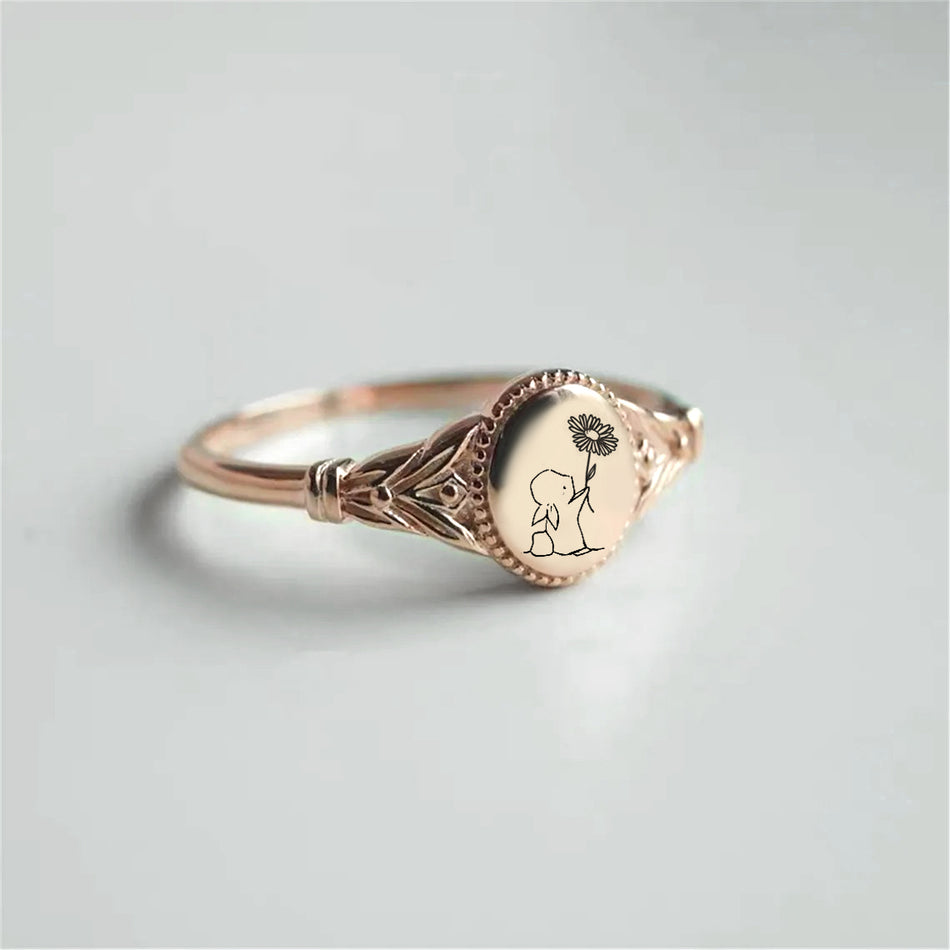Sterling Silver Bunny Ring Rabbit and Rose/Carnation/Daisy Ring Easter Gifts Mother's Day Gift