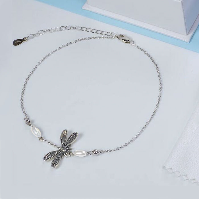 Sterling Silver Pearl Dragonfly Single Layer Anklet