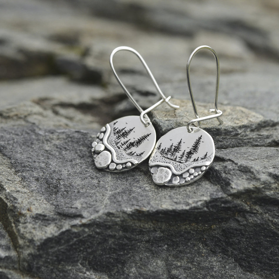 Sterling Silver Trail Mini Forest Pebble Wildflower Dangle Earrings
