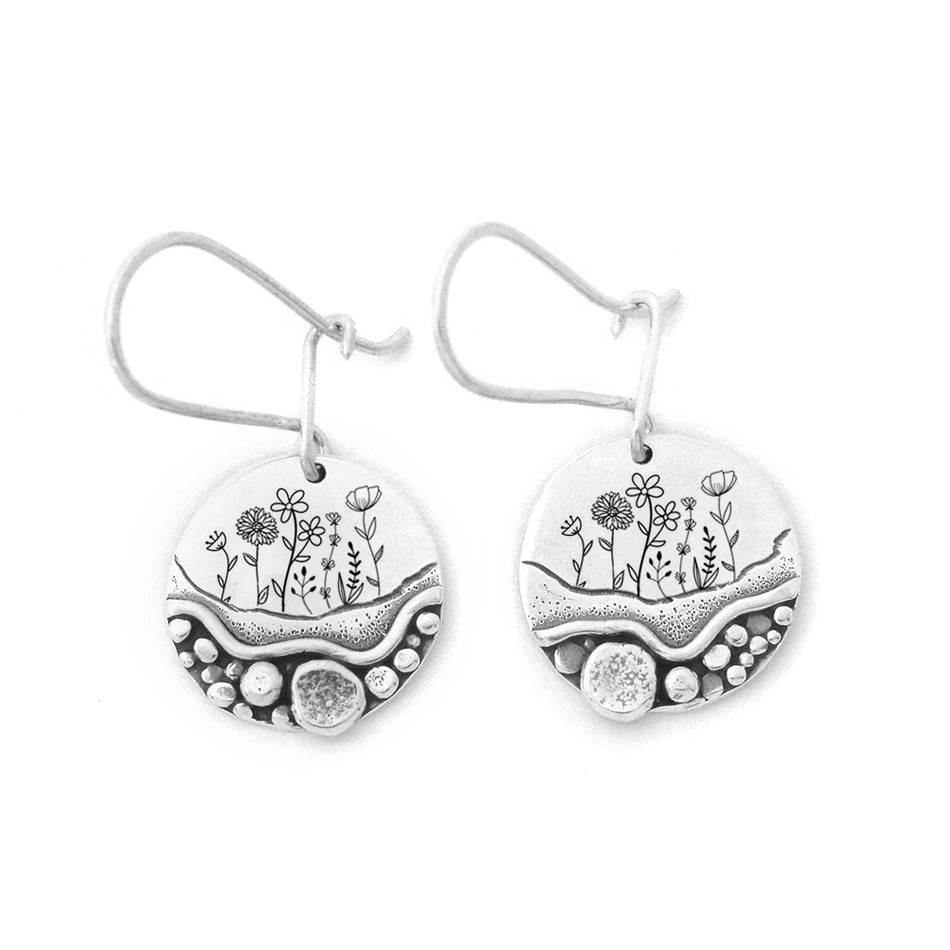 Sterling Silver Trail Mini Forest Pebble Wildflower Dangle Earrings