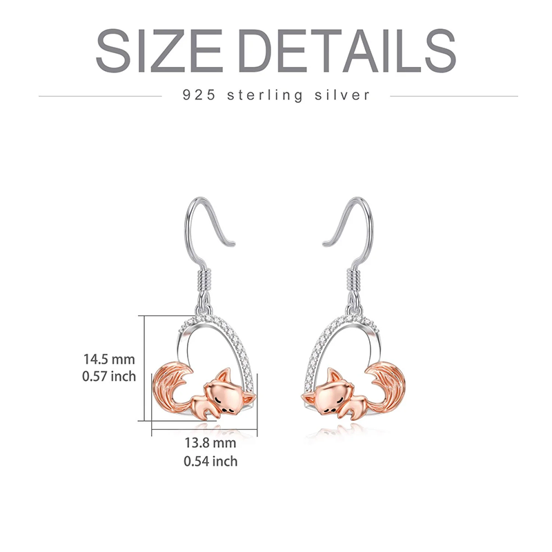Sterling Silver Fox Moon Heart Dangle Earrings