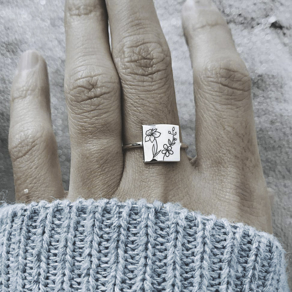 Sterling Silver Square Personalized Birth Flower Ring
