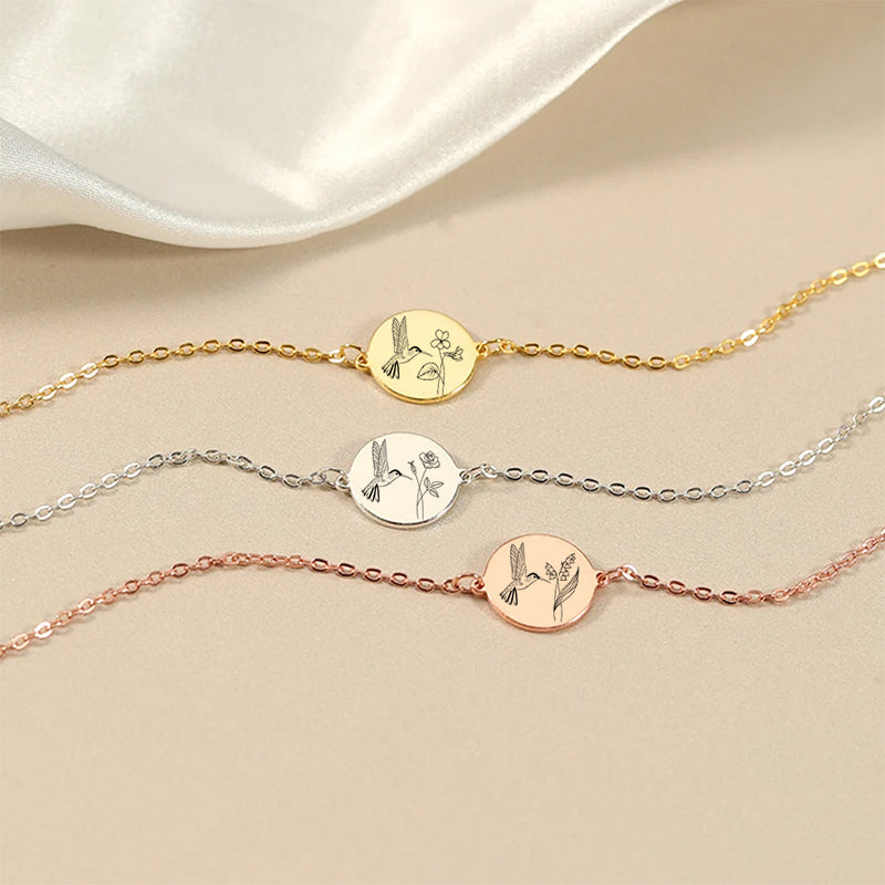 Sterling Silver Personalized Birth Flower Hummingbird Pendant Necklace