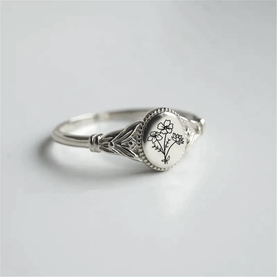 Sterling Silver Personalized Birth Flower Ring