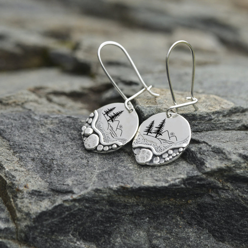 Sterling Silver Trail Mini Forest Pebble Wildflower Dangle Earrings