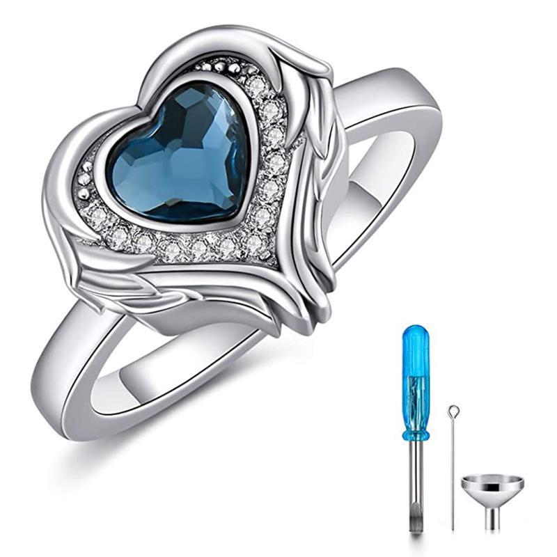Sterling Silver Heart Crystal Angel Wing Urn Ring for Ashes